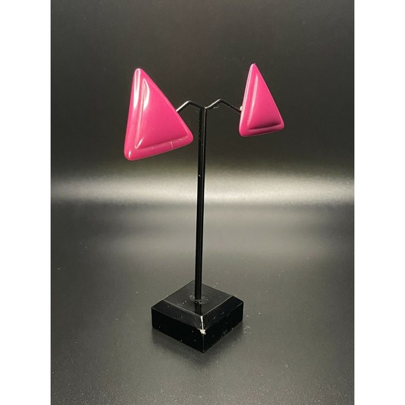 Plastic Triangle Earrings 1980's Fuchsia Purple VINTAGE - Picture 5 of 6